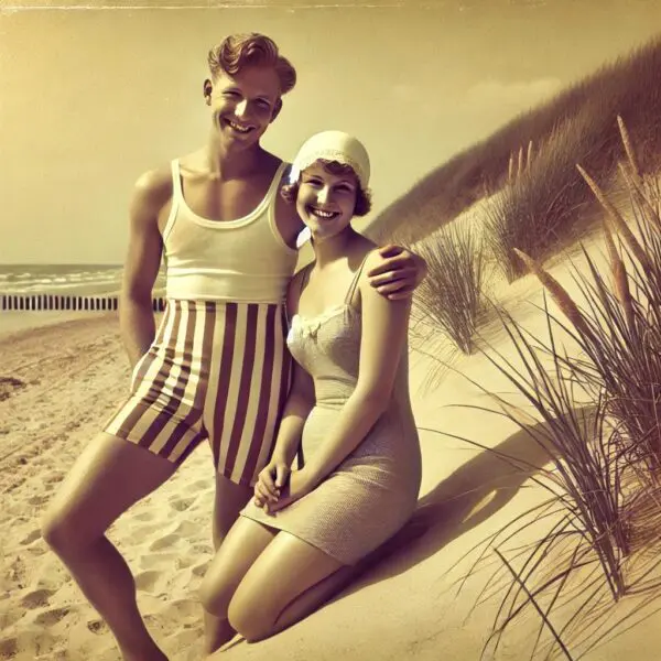 Billede skabt af AI. Forestiller en mand og kvinde fra 1920'erne på en dansk badestrand.