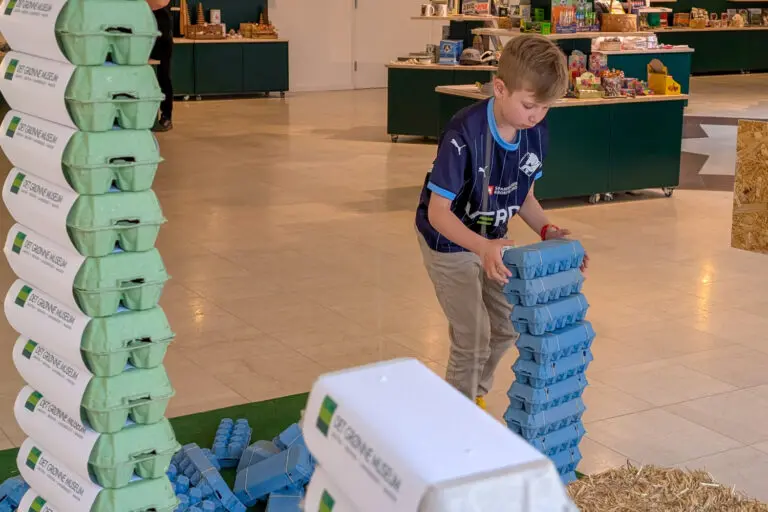 Boy builds with egg cartons