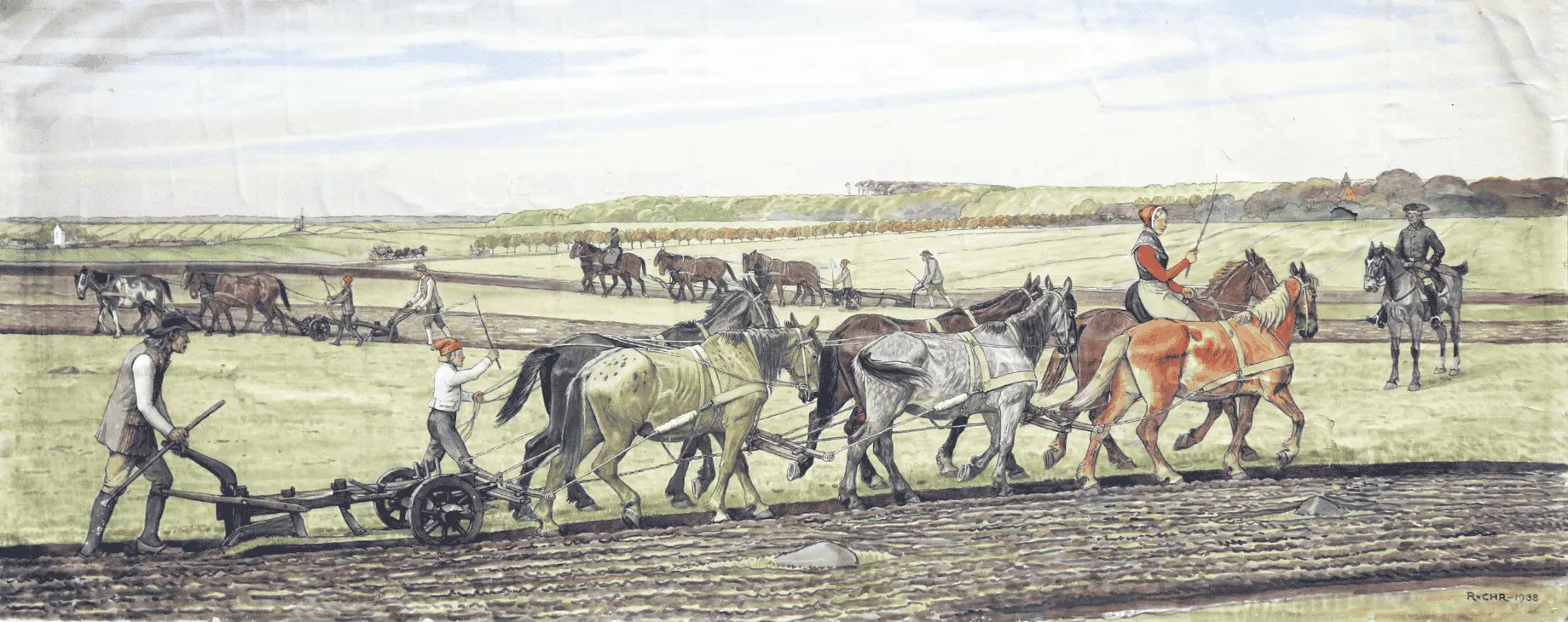 Painting by Rasmus Christiansen from 1938. The painting shows plowing with wheel plows on a manor house.
