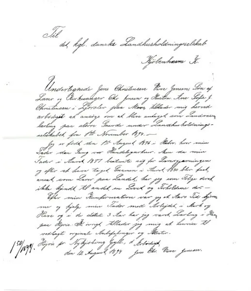 Application for admission as an agricultural apprentice at the Royal Danish Agricultural Society in 1894.