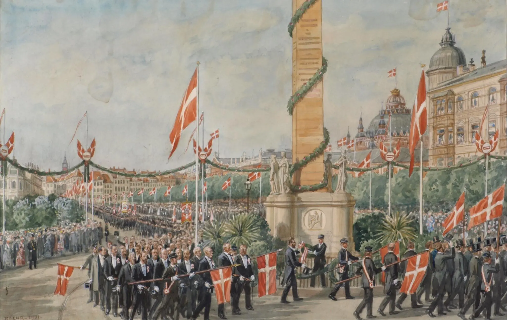 The painting Procession past the Statue of Liberty by Rasmus Christiansen.