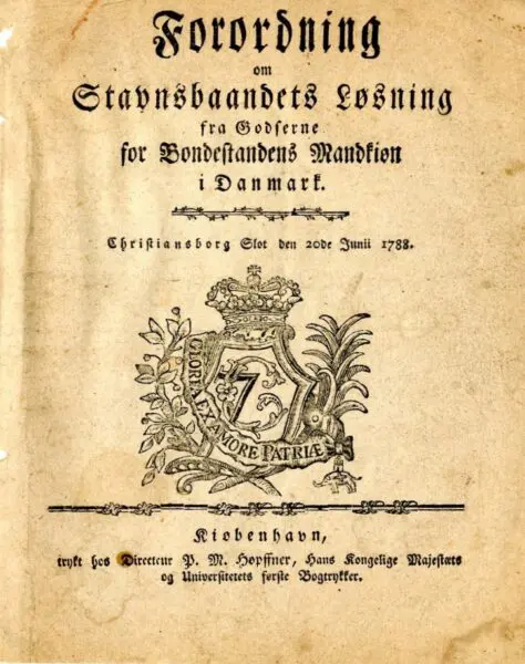 Image of the regulation on the removal of the Stavnsband from the estates of the male peasantry in Denmark