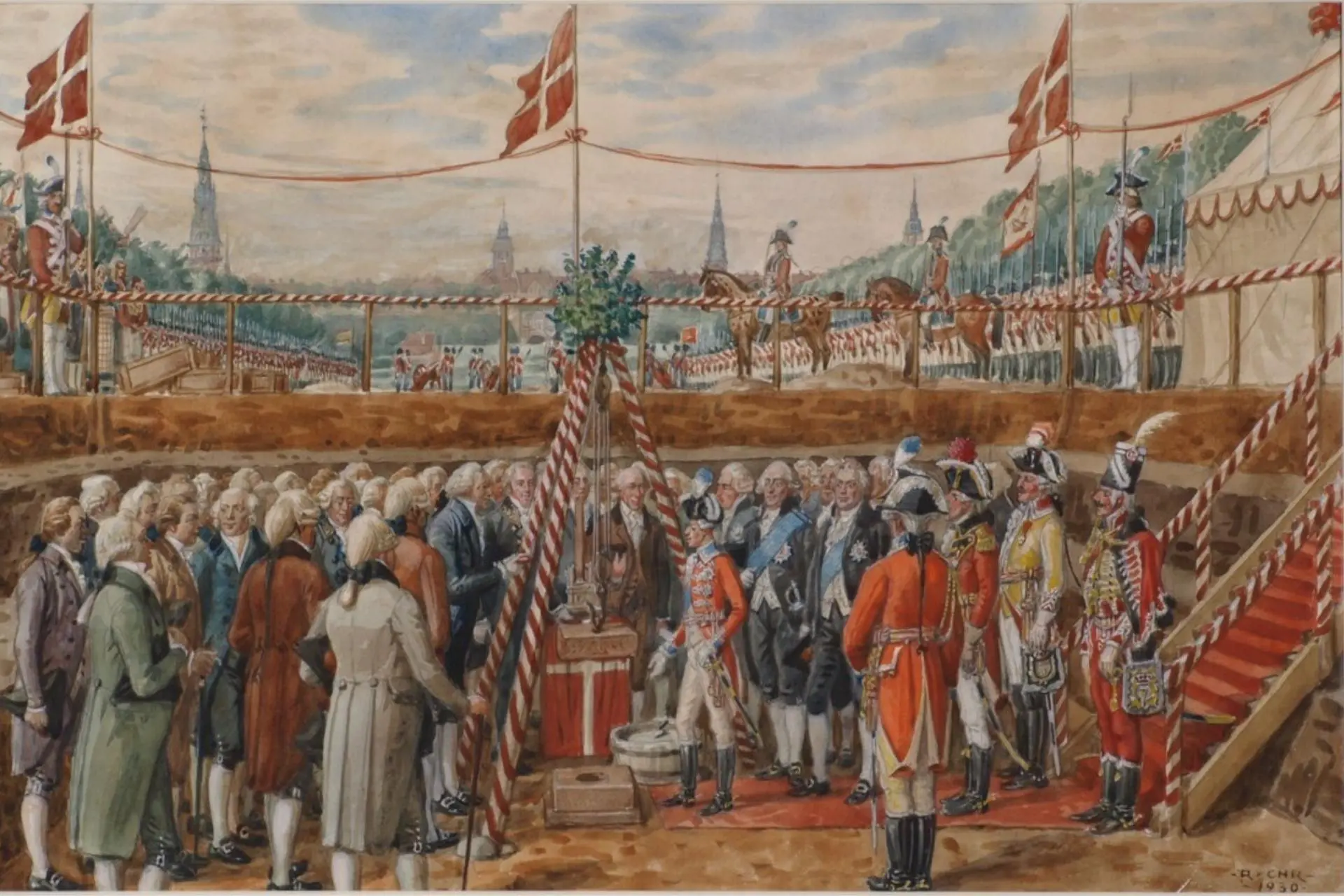 The foundation stone for the Liberty Pillar is laid in 1792 The foundation stone for the Liberty Monument is laid in 1792. Painting by Rasmus Christiansen.