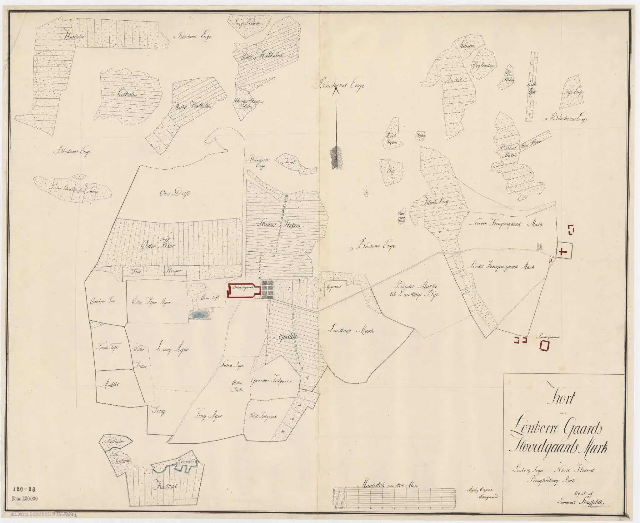 Map from Historiskekort.dk showing Lønborggaard and surrounding fields in the period 1800-1820.
