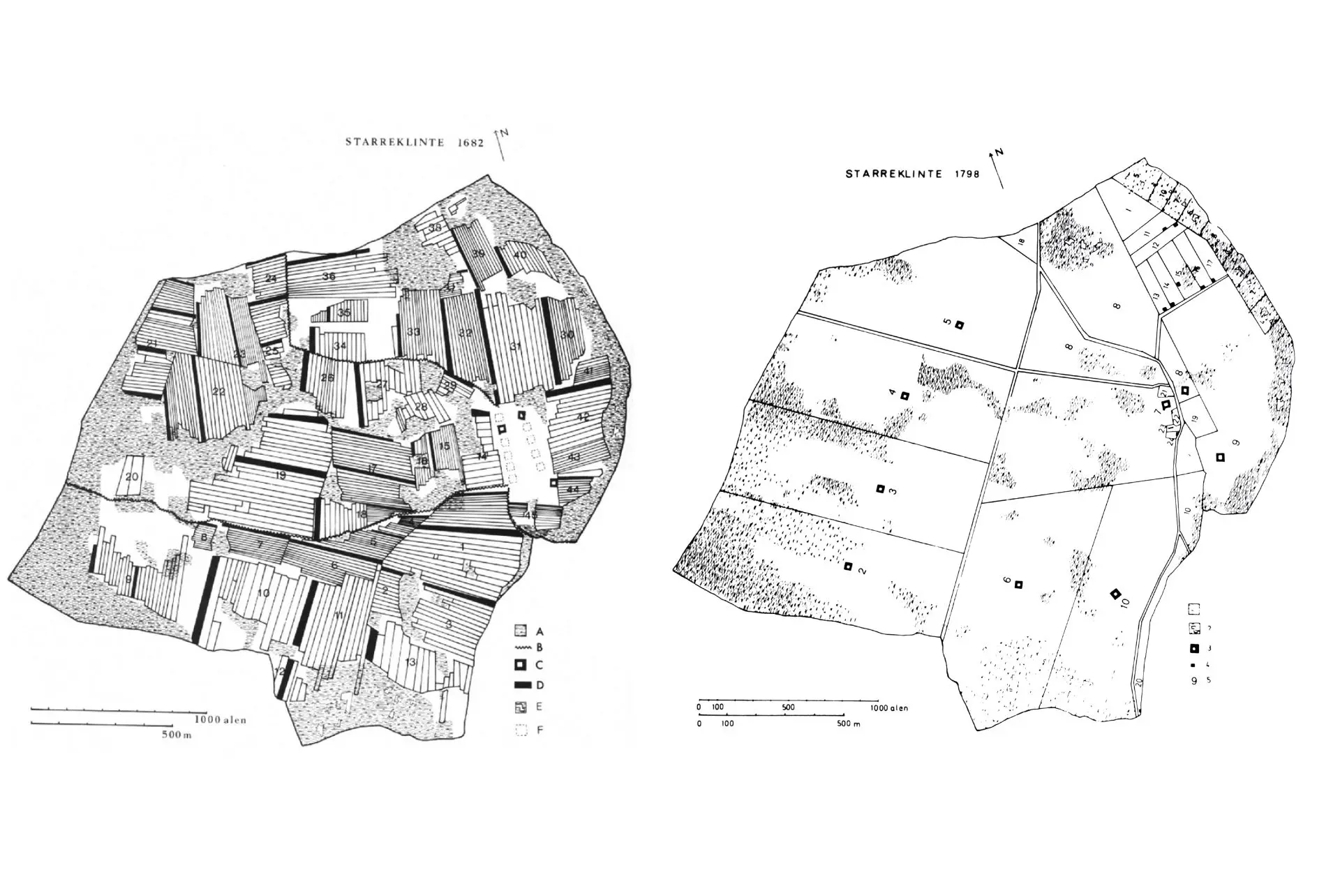 Map of the rural village of Starreklinte before and after the replacement.